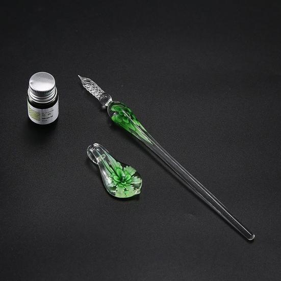 1 Set Transparent Dip Pen with Inside Flower Glass Writing Pen Faux Crystal Ink Dip Pen Gift for Student