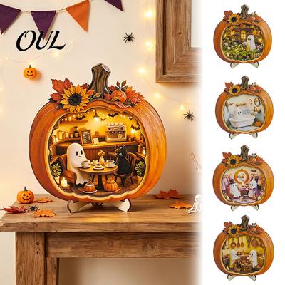 Accents de Maison Automne en Bois Massif Panneau de Table Fantôme Citrouille Halloween, Maison en Bois avec Mini Étagère Décorative Festivité, Bureau Récolte d'Automne