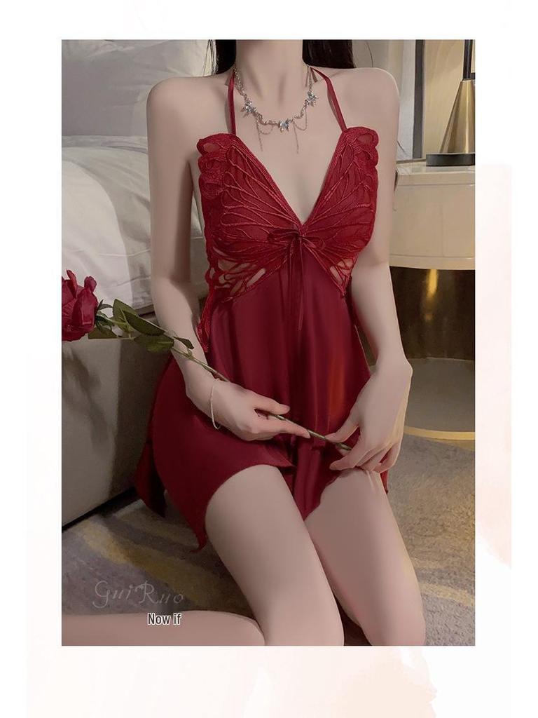 Wunderschönes Übergrößen-Pyjama-Set aus Eis-Seide mit Brustpolstern & Schleife - Schlafkleid & Morgenmantel P3945