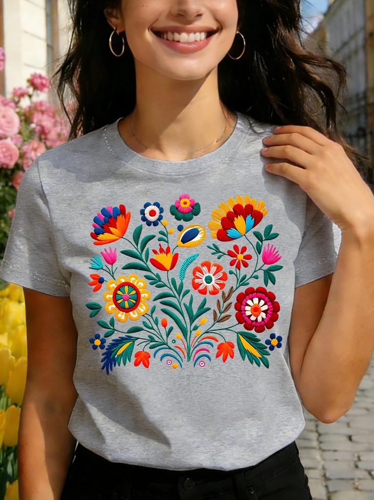 Mexican Embroidery Floral Women's Tee - Vibrant Folk Art Graphic, Casual Black Top