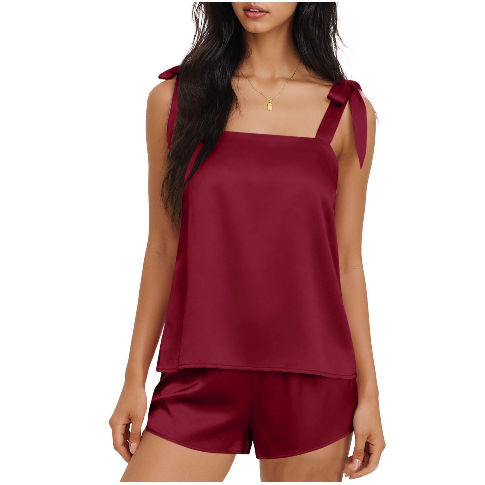 

Women s Fashionable And Sexy -Color Lace-Up Sleeveless Shorts With Elastic Waist Pajama Set S винний