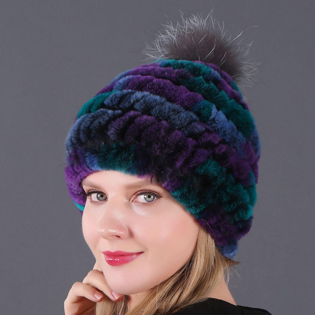 Women's Fur Hat with Rex Rabbit and Fox Fur Pompon for Autumn and Winter