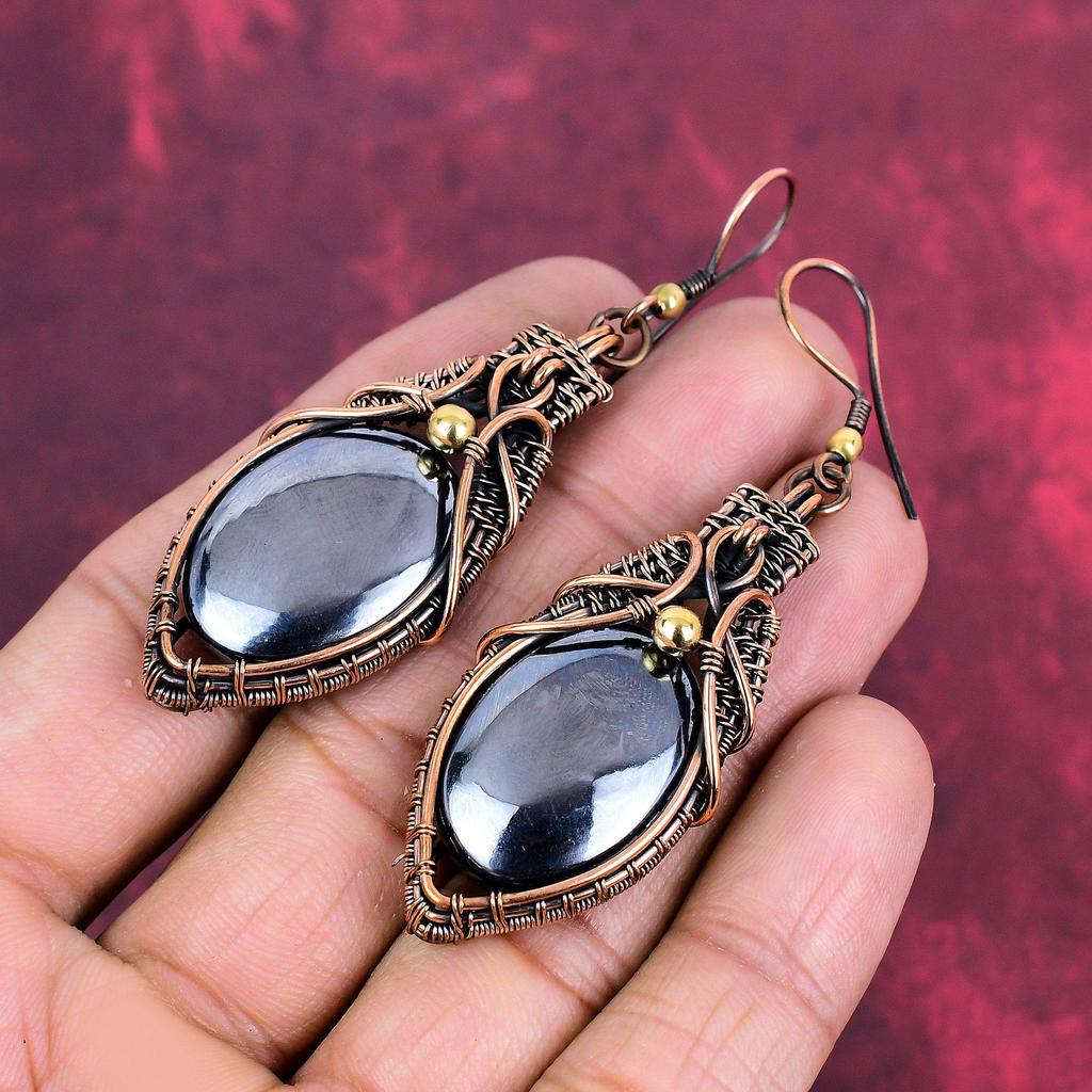 Shungite Earring Copper Wire Wrapped Earring Original Gemstone Earring Handmade Earrings Wire Wrapped Jewelry Gifts For Wife Dangle Earrings