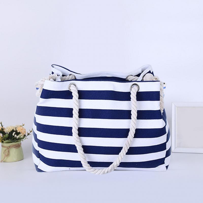 Tote Bag Large Capacity Zipper Closure Strong Load Bearing Striped Pattern Multi-use Storage Portable Foldable Women Beach Bag Travel Supplies