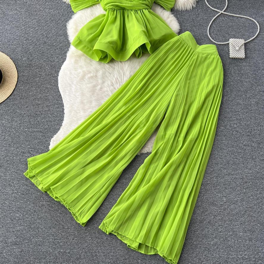 High End Elegant motesett for kvinner Sommerplisserte ermeløs chiffongopp+høy midje bukser med brede ben 2 todelt sett motedrakter