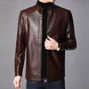 Men Jacket Faux Leather Solid Color Stand Collar Smooth Thick Warm Long Sleeve Zipper Neck Protection Motorcycle Windproof Cool Autumn Winter Jacket