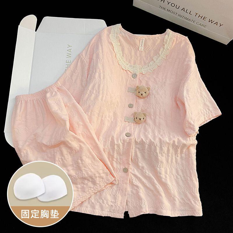 

Short-sleeved pajamas with chest pads Women s summer cardigan Cloud cotton Wanger cartoon solid color lace shorts Loungewear set M