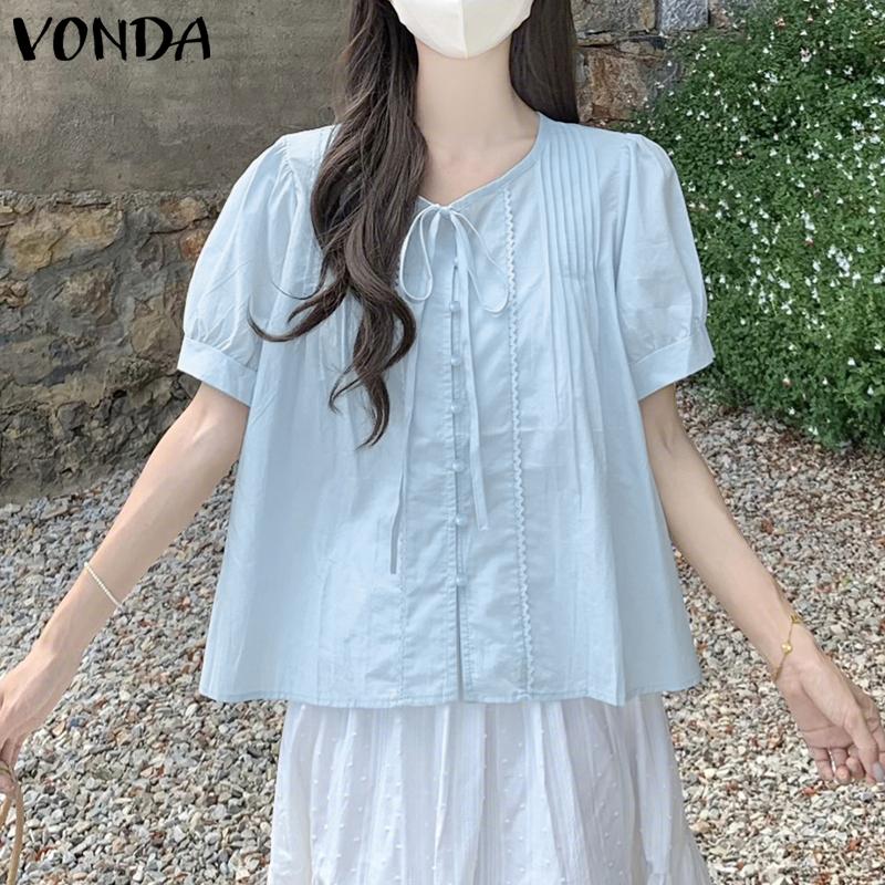 VONDA Summer Women O Neck Puff Sleeve Pleated Buttons Up Casual Blouse Tops