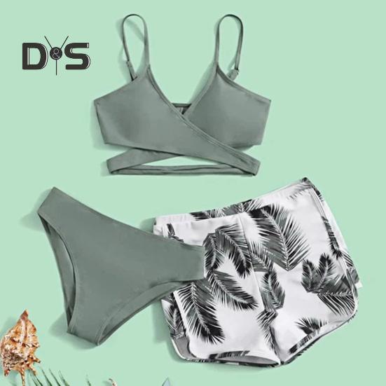 3dílná sada plavek s ramínky, podprsenkou s výstřihem do V a středním pasem, sada plavek, jednobarevné bikiny s kraťasy s potiskem peří