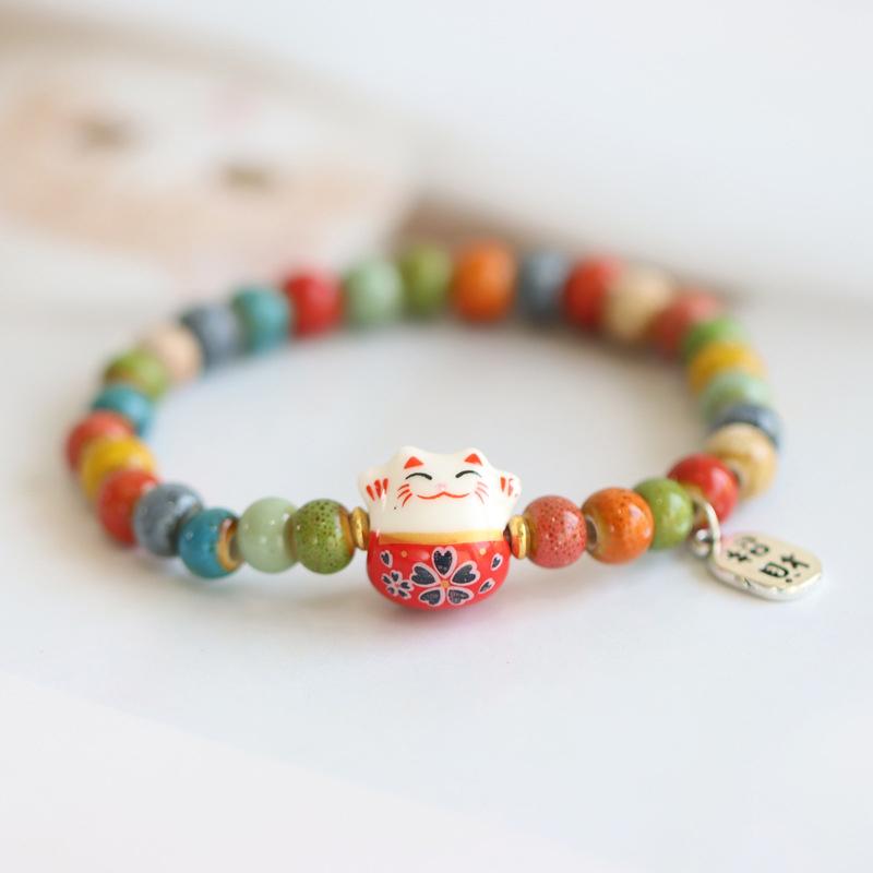 Bracelet chat porte-bonheur mignon pour filles, bracelets de perles colorées réglables