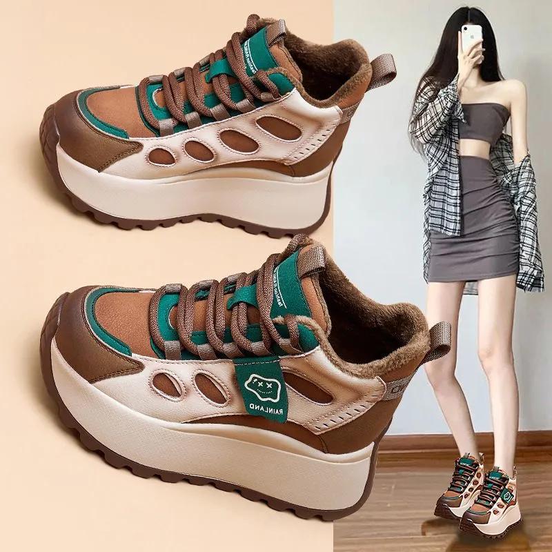 Pantofi de damă Pantofi plus catifea, Pantofi sport casual cu talpă înaltă pentru femei, Pantofi Daddy cu talpă groasă pentru iarnă, Pantofi de bumbac rezistenți la frig