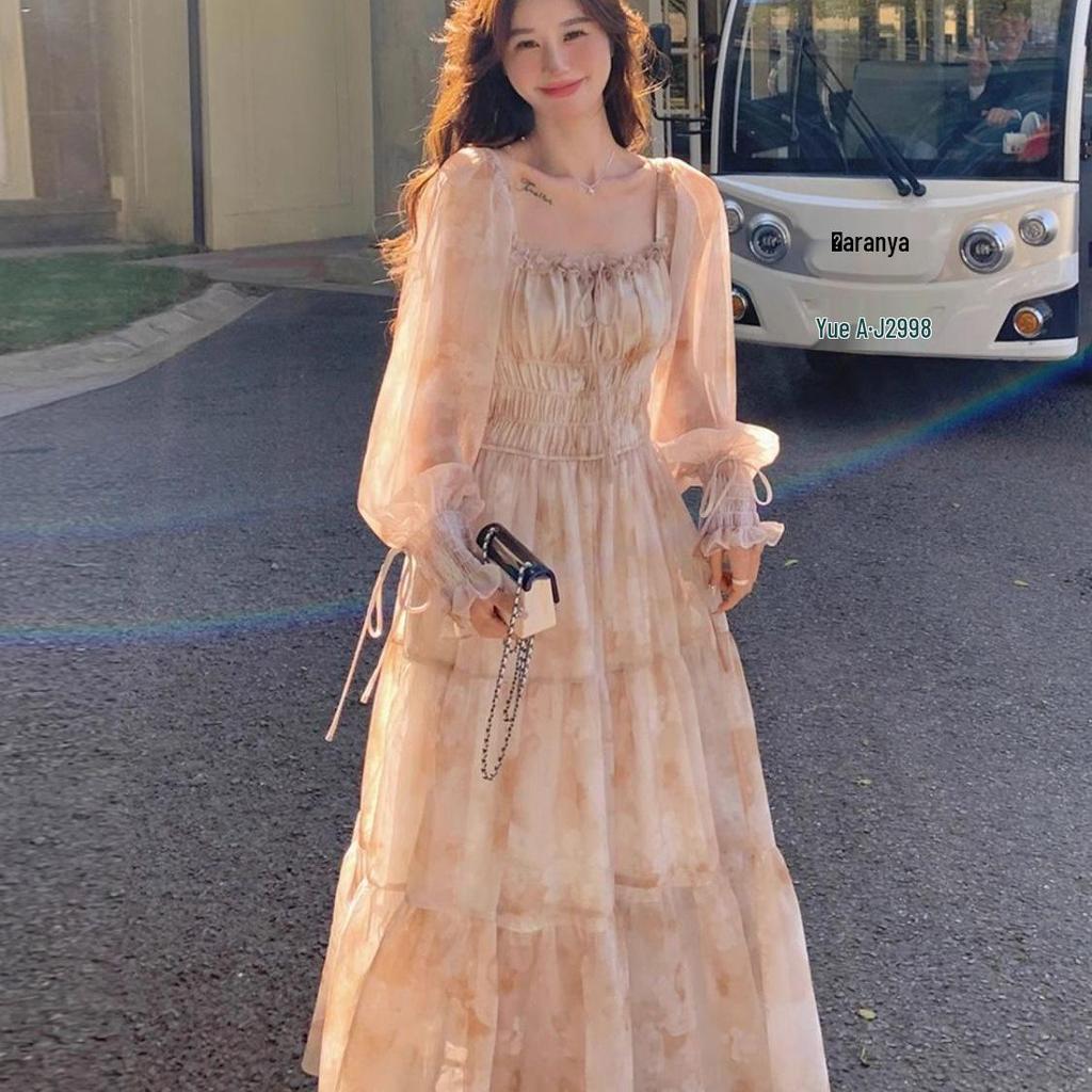 Gentle Fairy Chic Floral Midi Dress for Women - Square Neck, Youthful Mori Style, Vacation Ready.