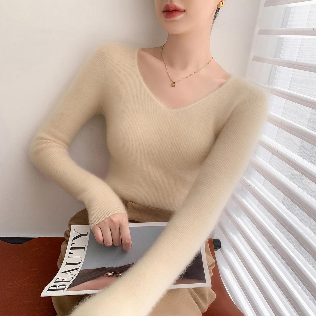 Women's V-Neck Cashmere Sweater - Loose Fit, Solid Color, Autumn/Winter Style