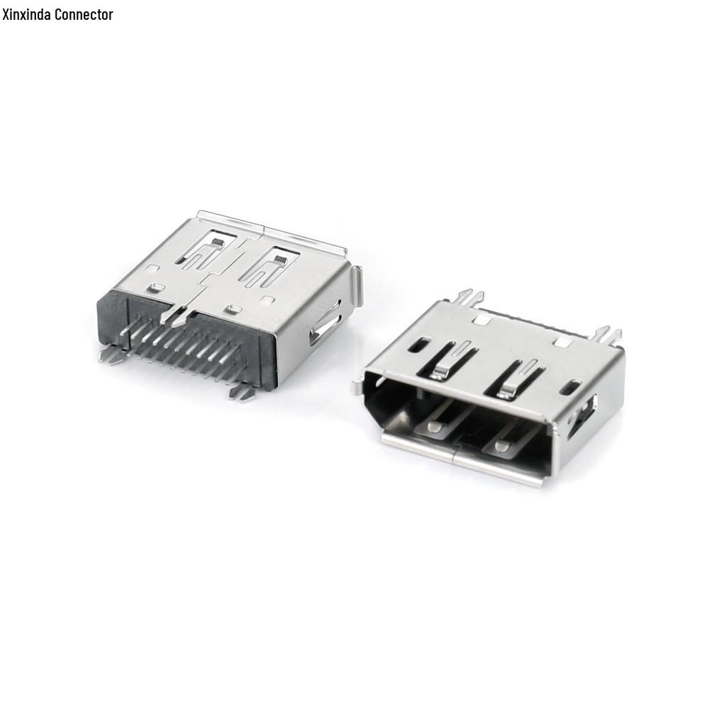 USB 2.0 AF + HDMI Female 90° Two-in-One Socket, Double Layer, 20.6mm DIP with Pins