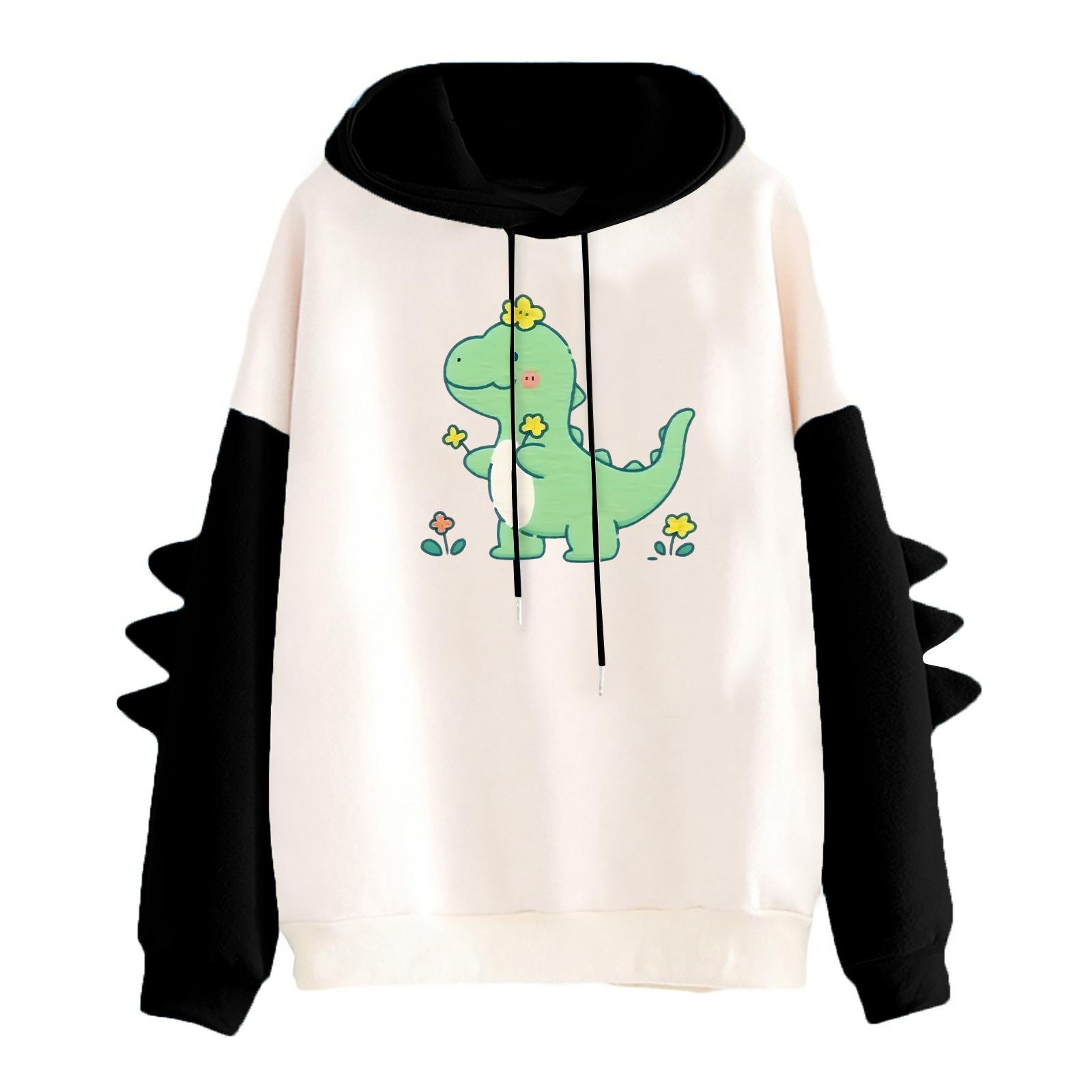 

Women s Printed Contrasting Dinosaur Loose Casual Hoodie XXL чёрный
