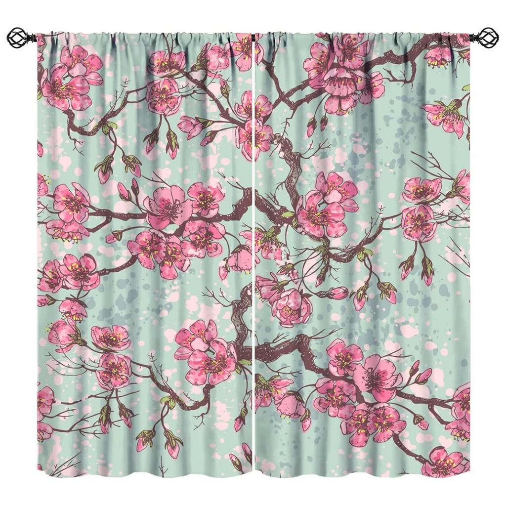 Floral Curtain Spring Romantic Pink Cherry Blossom Print Curtains Girls Women Bedroom Living Room Kitchen Decor With Light Blocking Polyester Perfect