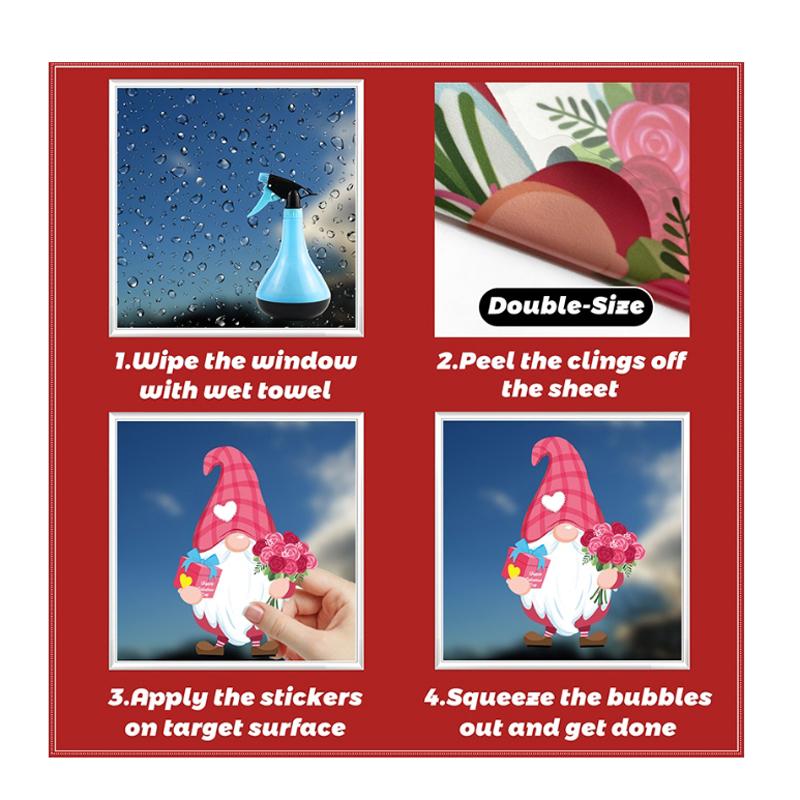 9pcs Valentine's Day Gnomes No Glue Static Sticker Window Glass Refrigerator Sticker