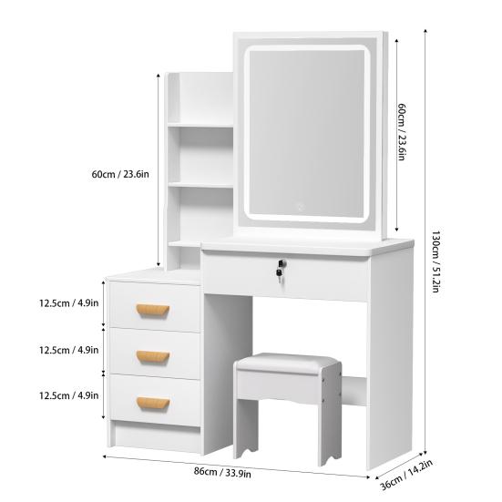 Makeup Vanity Desk with LED Lighted Mirror, Vanity Table with 4 Drawers and Opening Shelves, Bedroom Dressing Table with Stool