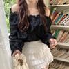 French one-word shoulder collarbone top women's spring new design sense niche ruffle shirt women's autumn