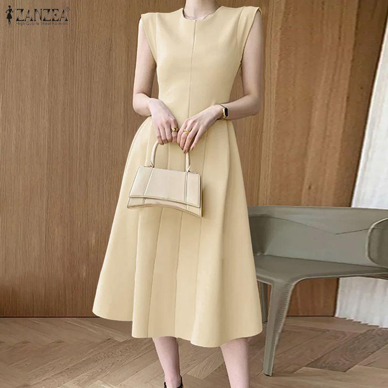 ZANZEA Women Casual Round Neck Summer Sleeveless Midi Dress