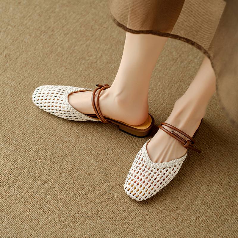 Krazing Pot Microfiber Mules Weaving Summer Size 41 Low Heels Slingback Party Shoes Women Square Toe Gladiator Hollow Out Pumps