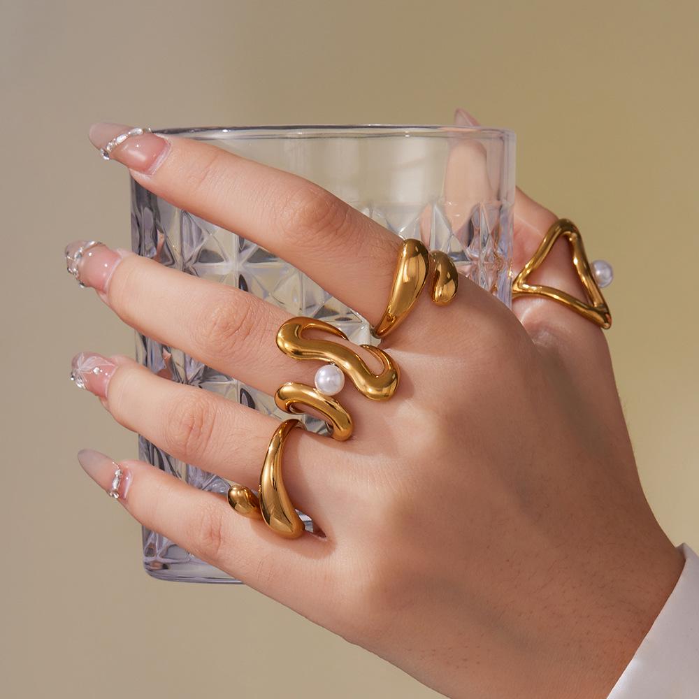 Oumaijia Stainless Steel Geometric Pearl Open Ring - Fashionable Non-fading Jewelry
