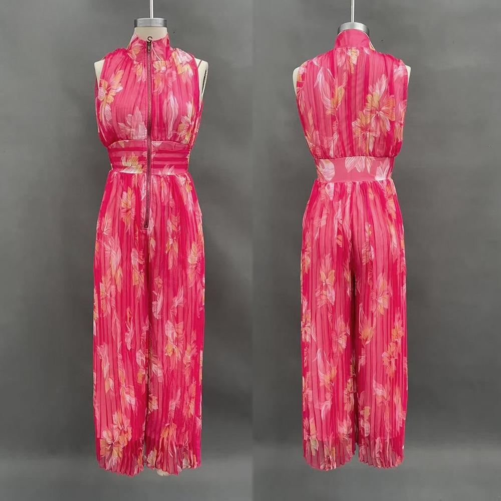 Women's Sleeveless High Waist Wide Leg Jumpsuit Pleated Detail Solid Jumpsuit