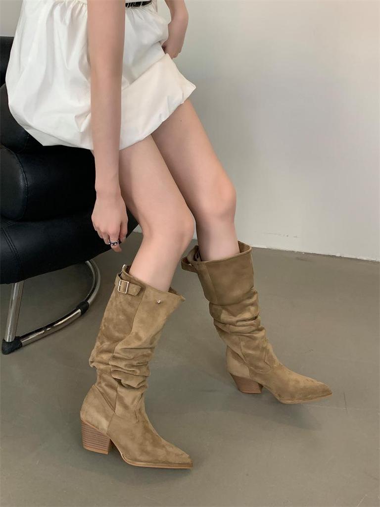 Stivali da Cavaliere Sottili con Tacco Alto Song Xixi 2025 Europei e Americani - Gambale Extra Largo, Tacco Chunky, Punta Sottile