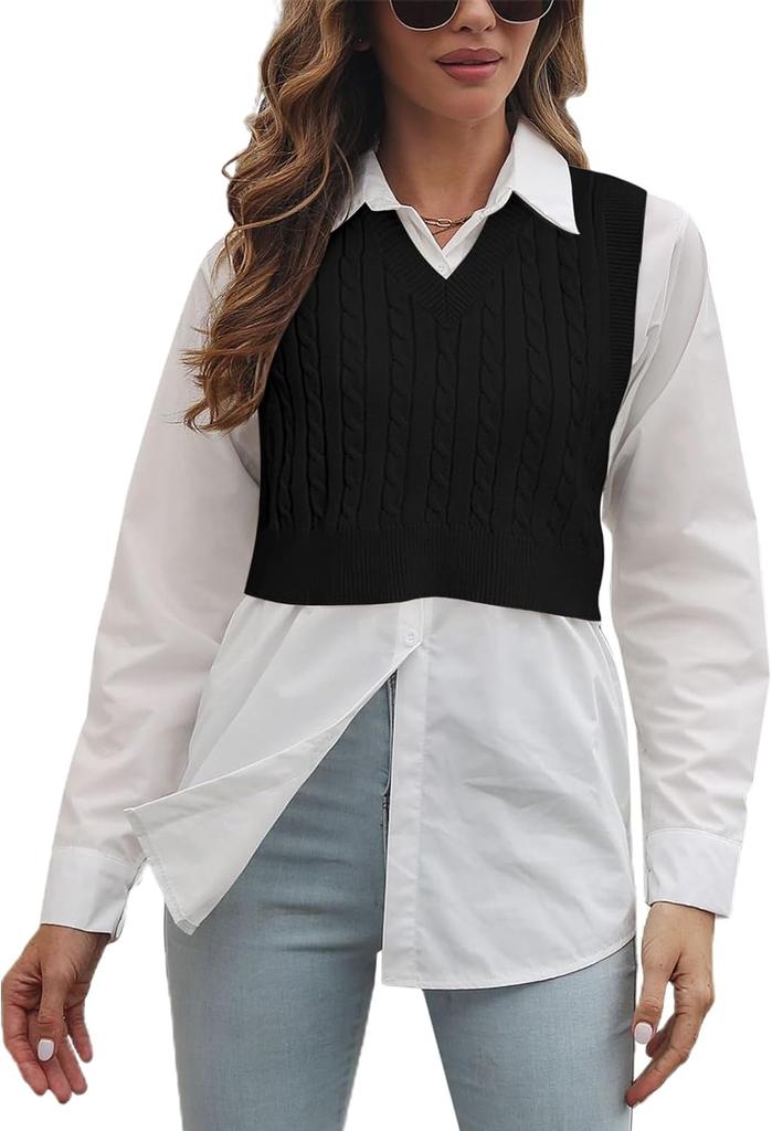 Womens Preppy Cropped Sweater Vest V Neck Sleeveless Cable Knit Tank Top