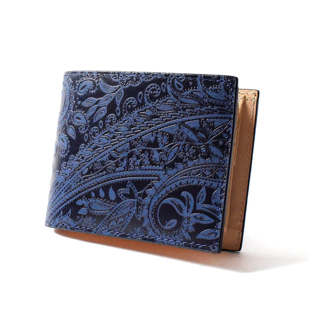 Baggy Port Bifold Leather with Paisley Embossed Wallet, Indigo-Dyed Design, Men's, Women's, Unisex, Billfold, ZYS-198 (Dark Blue)