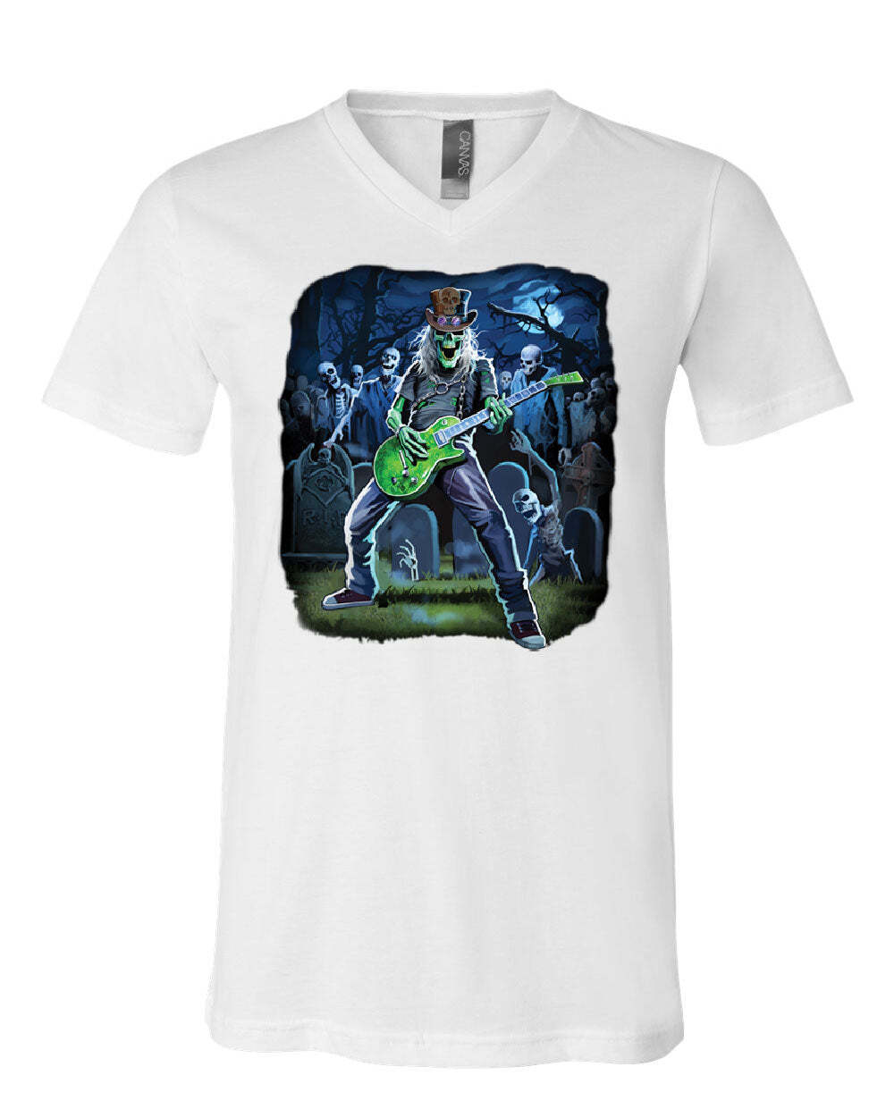 Zombie Rock V-Neck T-Shirt Heavy Death Metal Music Skull Hard Rock Tee S