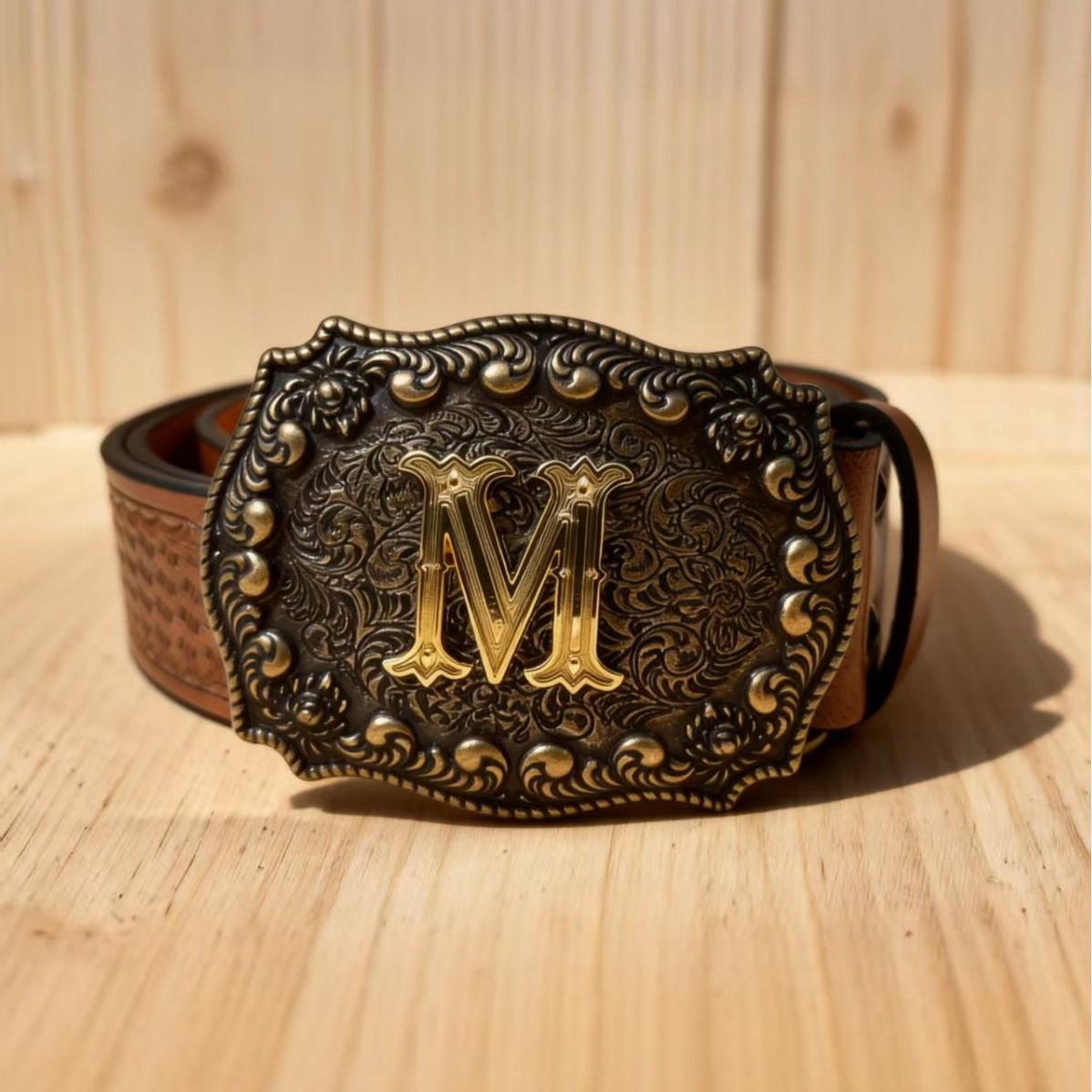 

Bohemian Western Cowboy Style Unisex Leather Belt with Embossed Metal Buckle in Retro Brown