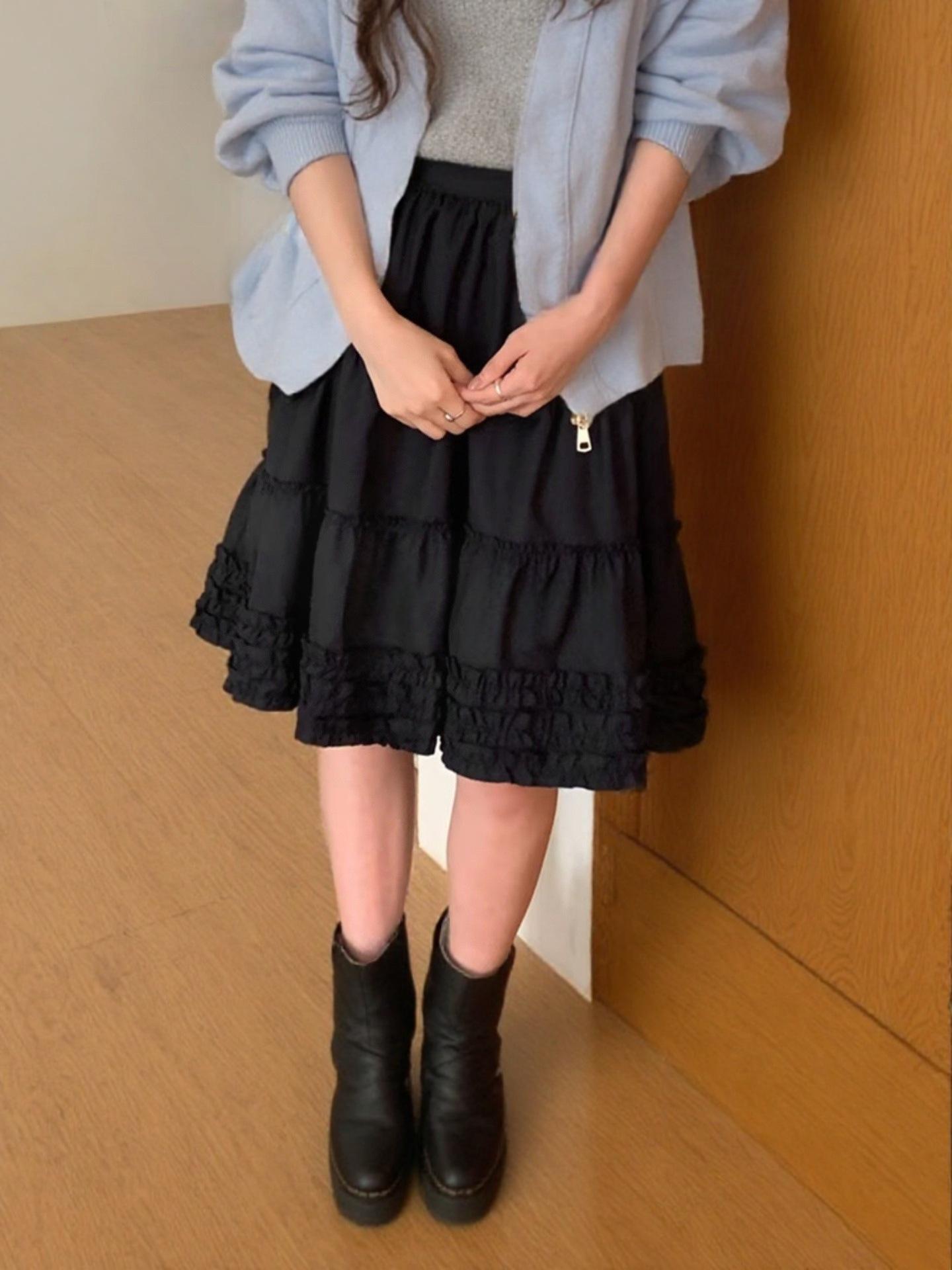 Women s Spring/Summer Lace Ruffle Patchwork A-Line Skirt: High-Waisted, Slimming, Versatile, Age-Reducing, Gentle, and Sweet. L чёрный