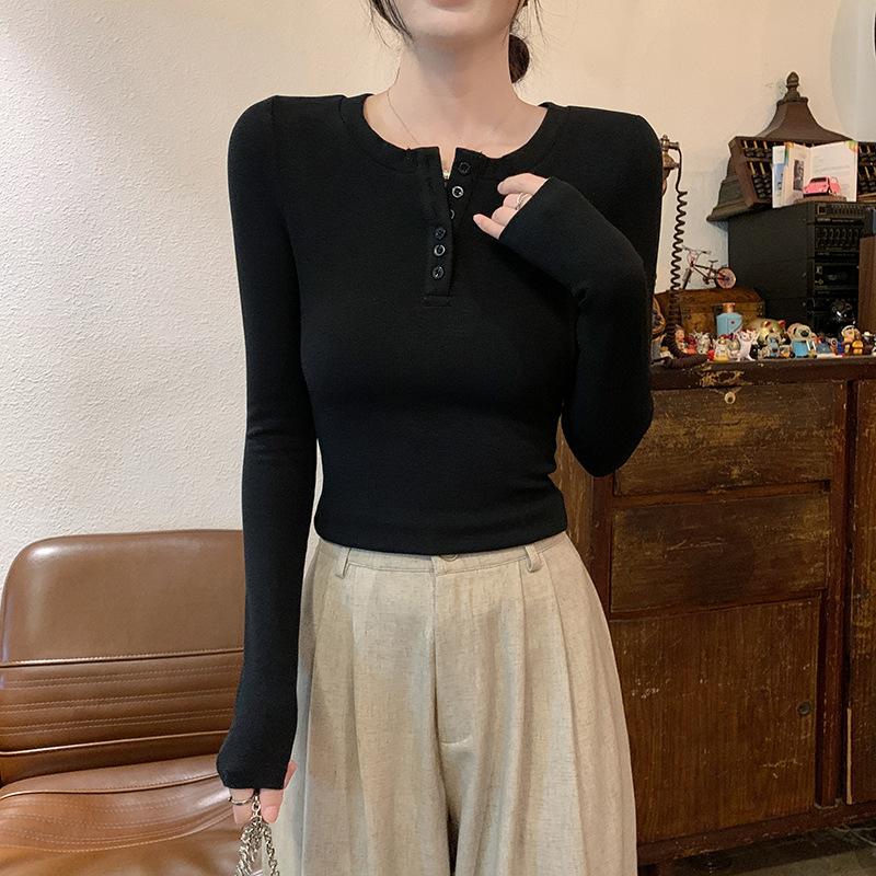 

2 * 2 thread 260g, solid color round neck solid color bottoming shirt long sleeve t-shirt women s autumn thin top ins L чорний