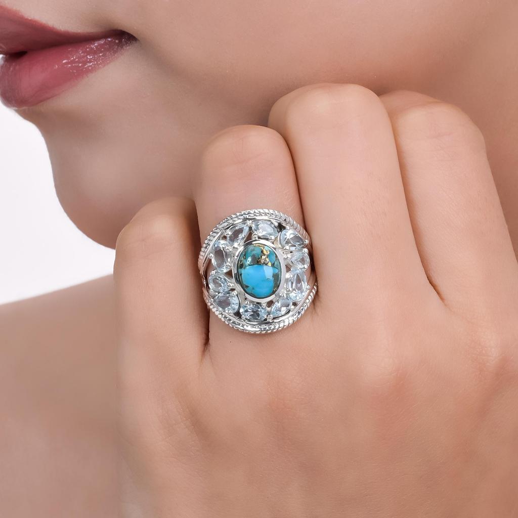 Turquoise & Blue Topaz Ring: 925 Sterling Silver Gemstone Statement