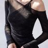 Spring Summer Fake Two-piece Bling Sequin Tops Women Long Sleeve Off Shoulder T-Shirt Ladies Sexy Mesh Top  Basic Blouses