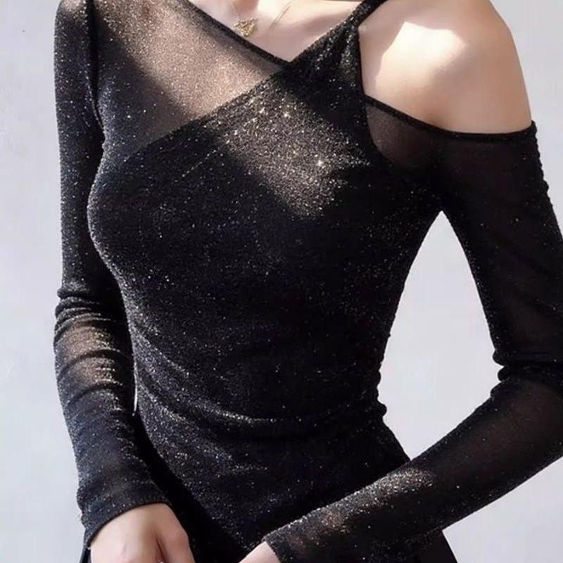Spring Summer Fake Two-piece Bling Sequin Tops Women Long Sleeve Off Shoulder T-Shirt Ladies Sexy Mesh Top Basic Blouses
