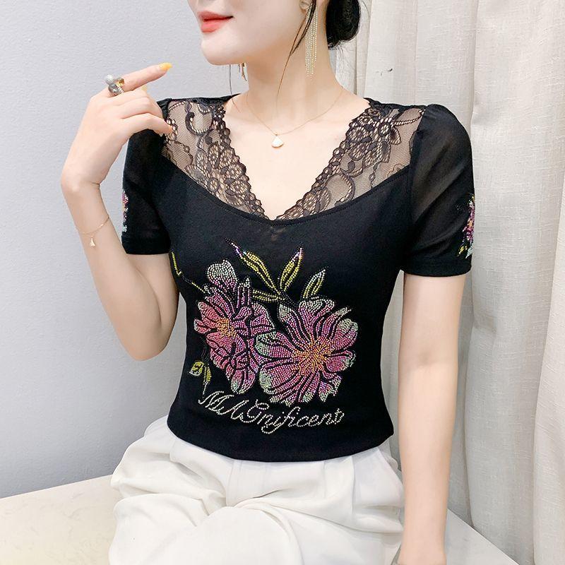 New Korean Sexy Lace V-Neck Designer T-Shirt Luxury Flowers Hot Diamonds Women's Tops Clothes Elegant Short Sleeve Casual Tees