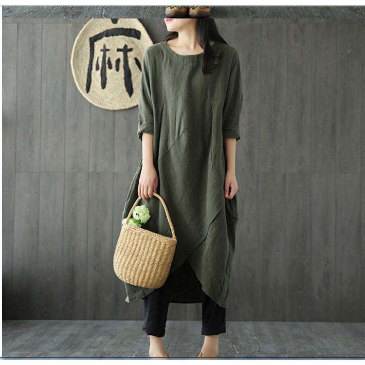 Übergröße Frühling Ethnisch Stil Raglanärmel Baumwolle Leinen Kleid Locker Schlank Eleganter Stil Bequem Leicht Hohe Wiedererkennung