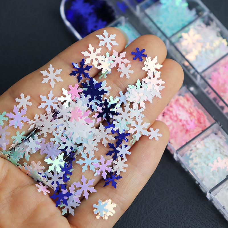 Jul Hvite Snøfnugg Neglekunst Glitter Paljett Havfrue Blå Snøfnugg Dekorasjoner DIY Manikyr Design Negletilbehør