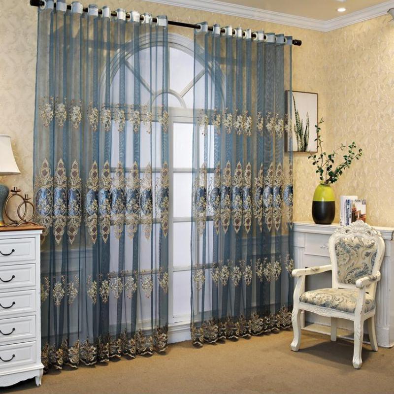 Blue Jacquard Window Sheer Curtain, Window Treatment for Living Room Bedroom Balcony Home Decor