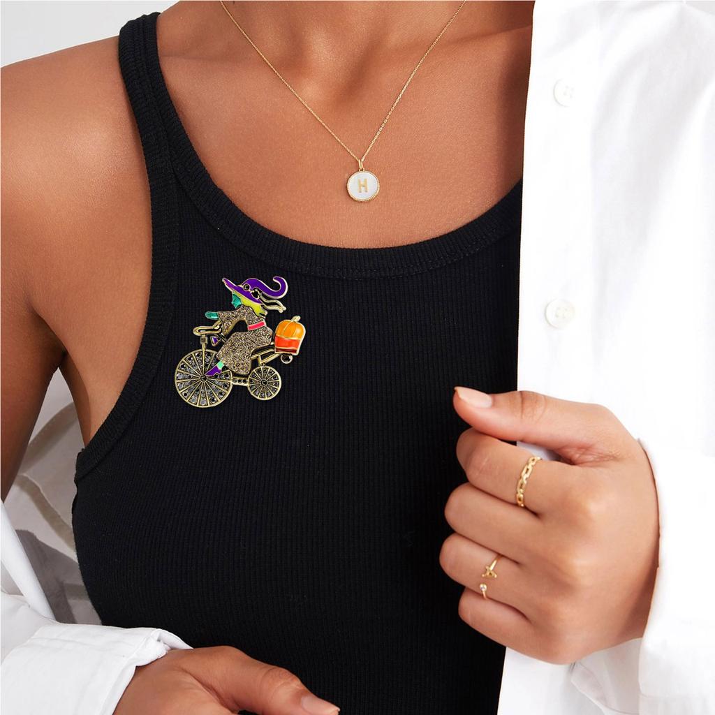 Detailed Witch On Pumpkin Brooch Lightweight Metal Accessory For Fall Fashion Costume