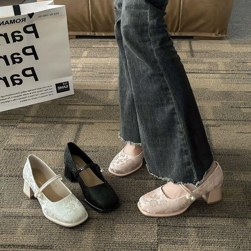 Increase height and show leg length temperament pearl single shoes summer new Chinese style national style with cheongsam temperament high heels