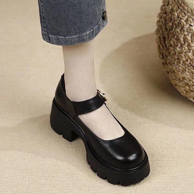 2025 Kunstleder Neue Low-Cut Ein-Wort-Pumps Dicksohlige Mary Platform Bequem Weiche Sohle Runde Spitze Damenschuhe