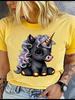 Unisex 100% Polyester Summer Top Black Cartoon Little Unicorn Print Loose Round Neck Short Sleeve Fashion for Lovers