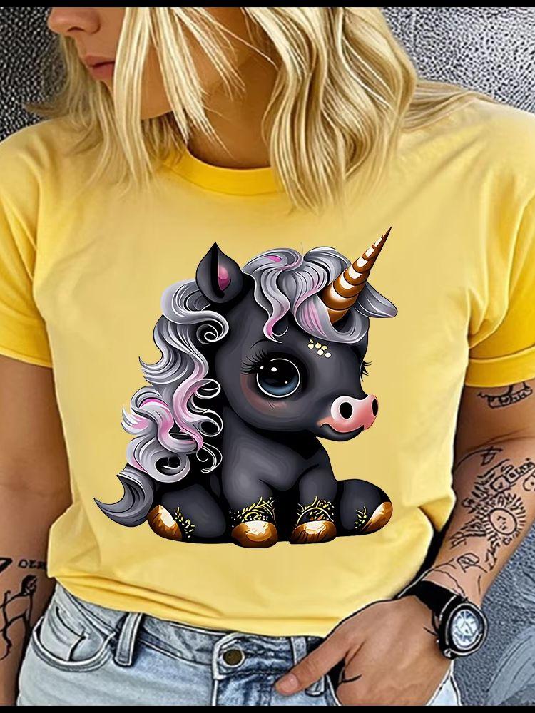 Unisex 100% Polyester Summer Top Black Cartoon Little Unicorn Print Loose Round Neck Short Sleeve Fashion for Lovers