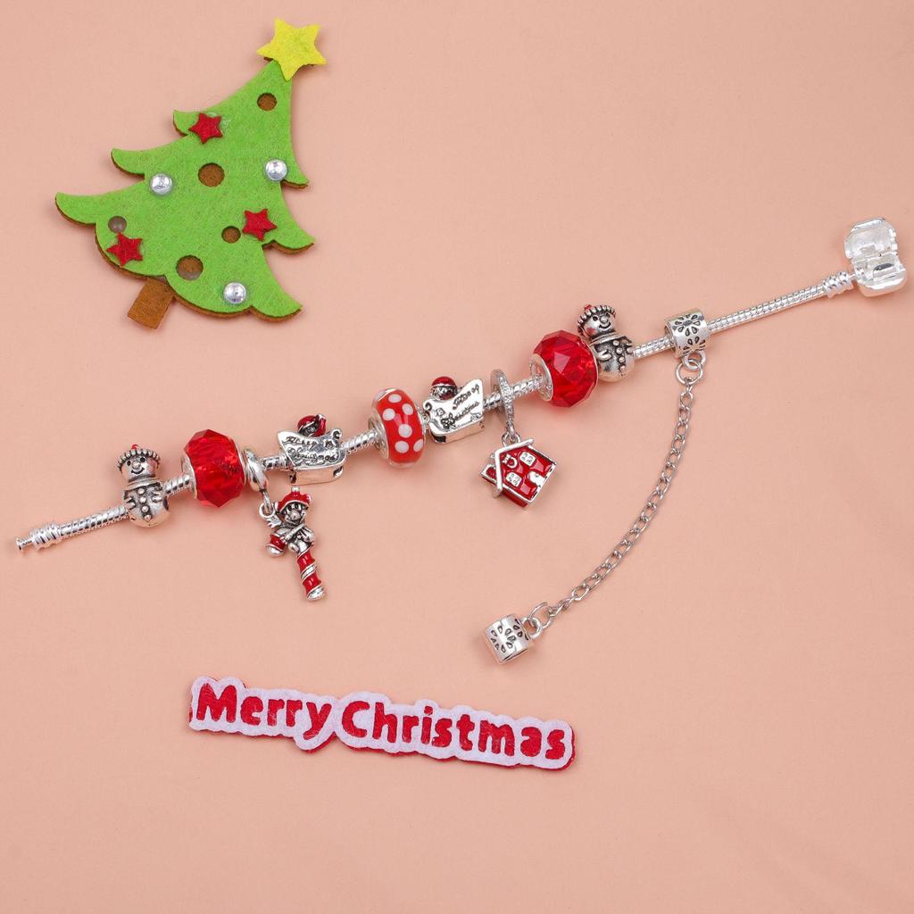 Santa Sleigh Alloy Beaded Bracelet with Snowman House Pendant