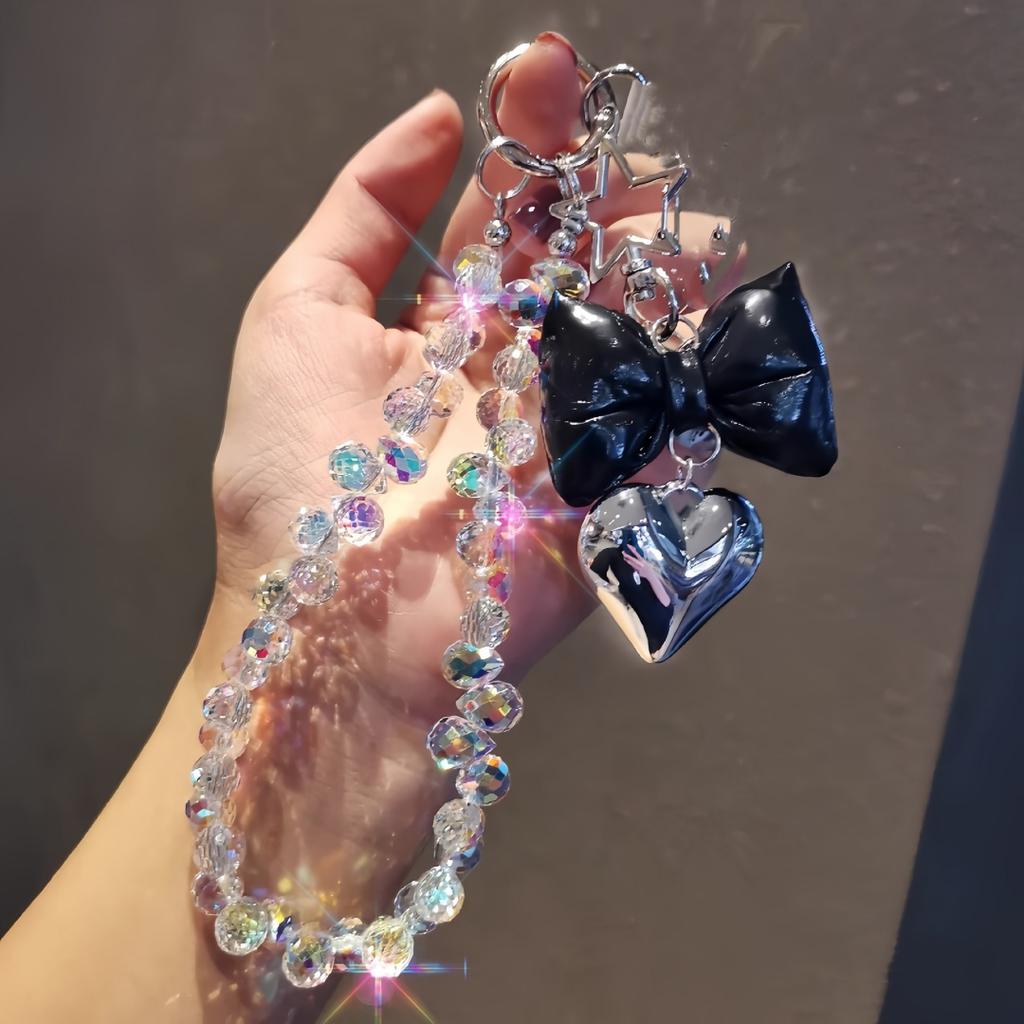 Ins style beaded phone wrist chain, love tie design, universal anti-lost short pendant lanyard for women outdoor shopping travel.