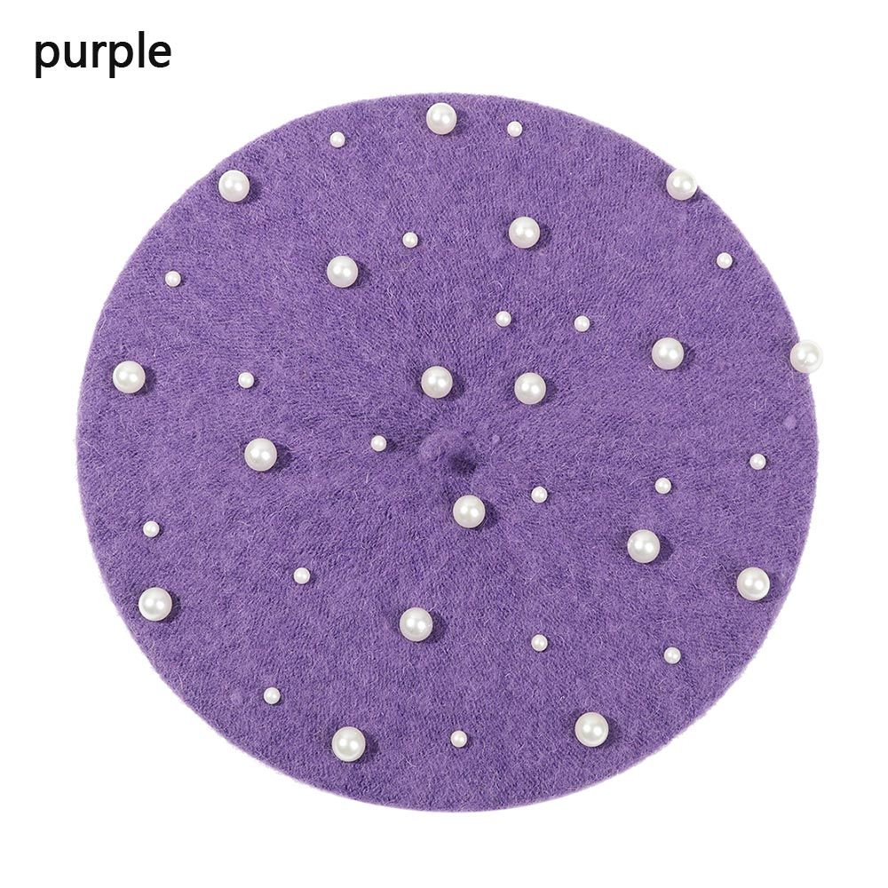 

Women Girls Casual Warm Elegant Pearl Wool Beret Hat Painter Hats French Cap фіолетовий