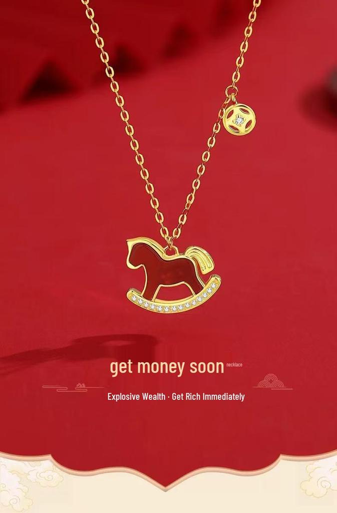 Gold-Plated Zodiac Necklace: 2026 Year of the Horse Red Pendant Clavicle Chain